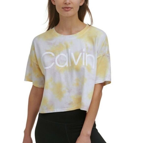 Calvin Klein Women's Daffodil Yellow Tie Dye Cropped T-Shirt Medium NWT - Picture 1 of 8
